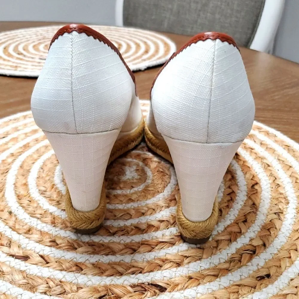 Lauren by Ralph Lauren Nella Espadrille Wedge Sandals White/Tan 9.5B